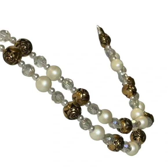 Vintage Gold Rose & Pearl Bead Long Necklace - Picture 4 of 4